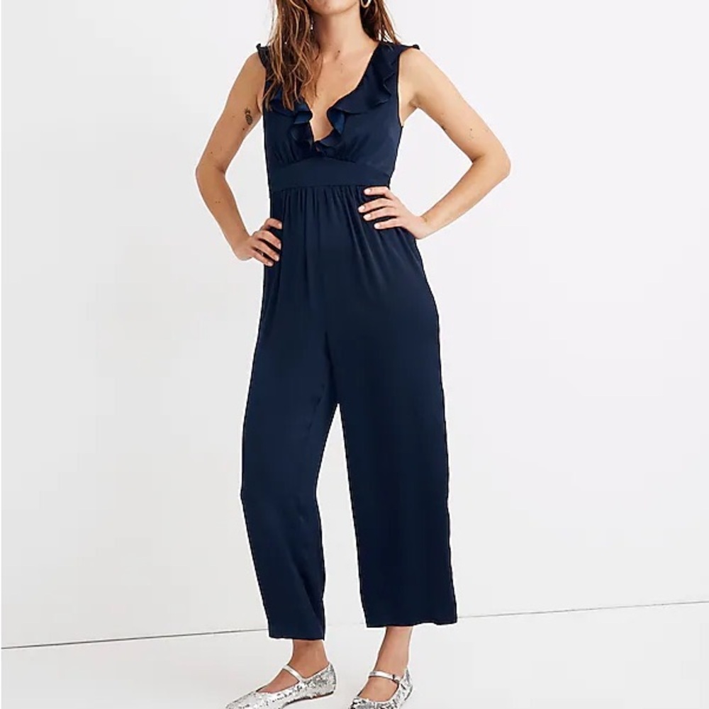 Madewell Navy Blue Satin Ruffle-Neck Jumpsuit